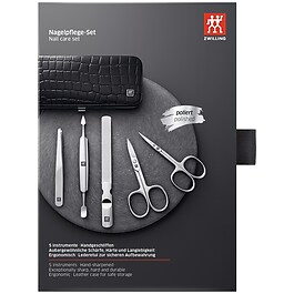 Maniküre Pediküre Set 5tlg. mit Nagelschere, Leder in Kroko-Optik, schwarz